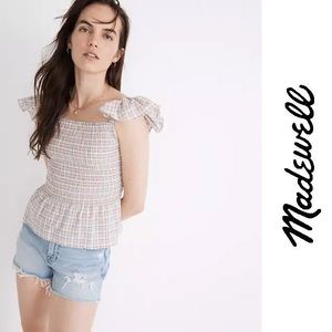 Madewell Seersucker Lucie Smocked Peplum Top in Rainbow Plaid